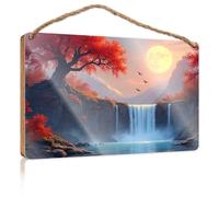 Farmhouse Decor Signs Full Moon Over The Autumn Waterfall Wooden Sign Fall Office Decor Bedroom Decorations(20X30CM)