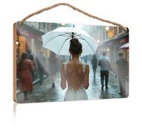 Farmhouse Decor Signs Rainy Day Elegance: A Woman in White Wooden Sign Fall Office Decor Bedroom Decorations(23X35CM)