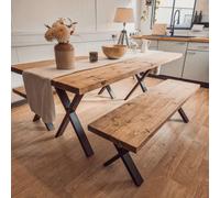 Farmhouse Dining Table With Bench And Black Metal Cross Legs And 2 Benches