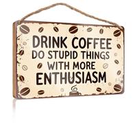 Farmhouse Door Decor Coffee Fueling Stupid Fun Enthusiasm Wooden Sign Farmhouse Bathroom Decorations Sign Front Door Dec(23X35CM)