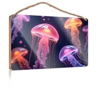Farmhouse Door Decor Enchanted Ocean: Glowing Jellyfish in Vibrant Colors Wooden Sign Farmhouse Bathroom Decorations Sign Front Door Dec(23X35CM)