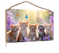Farmhouse Door Decor Five Cute Kittens in A Garden with Butterflies and Flowers Wooden Sign Farmhouse Bathroom Decorations Sign Front Door Dec(23X35CM)