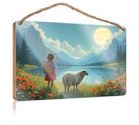 Farmhouse Door Decor Girl and Sheep by The Lake Under A Full Moon Wooden Sign Farmhouse Bathroom Decorations Sign Front Door Dec(23X35CM)