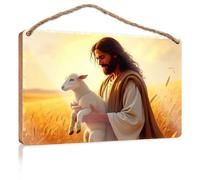 Farmhouse Door Decor Jesus Holding A Lamb in The Golden Field Wooden Sign Farmhouse Bathroom Decorations Sign Front Door Dec(23X35CM)