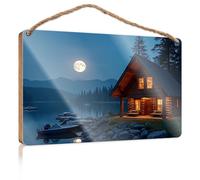 Farmhouse Door Decor Log Cabin by The Lake Under A Full Moon Wooded Sign Spring Porch Decor Pool Decor(20X30CM)