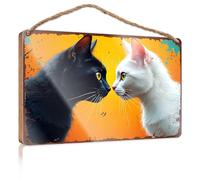 Farmhouse Door Decor Two Cats Facing Each Other On an Orange Background Wooded Sign Box Signs Decor Signs(20X30CM)
