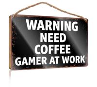 Farmhouse Door Decor Warning: Gamer at Work Needs Coffee Wooden Sign Farmhouse Bathroom Decorations Sign Front Door Dec(23X35CM)