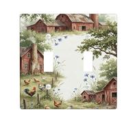 Farmhouse Double Light Switch Cover Plate, Rustic Countryside Chickens Barn Summer Green Plastic Standard Size Switch Plate Decorative for Home Living Room Bedroom Bathroom Decor