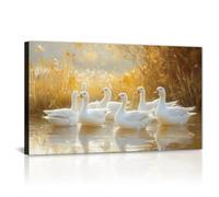 Farmhouse Duck Wall Art Rustic White Geese Pictures Canvas Golden Tone Reed Painting Framed Artwork for Bathroom Living Room Bedroom Kitchen(Artwork-2,24"x36")