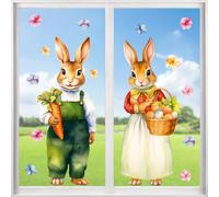 Farmhouse Easter Decorations Window Clings: Extra Large Vintage Easter Bunny Couple, Rustic Easter Rabbit with Eggs Carrots Flowers, Spring Window Clings for Kids Home Office Party Gifts, 4 Sheets