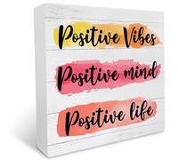 Farmhouse Encouraging Sayings Wooden Box Sign Positive Vibes Positive Mind Positive Life Quote Wood Block Tabletop Sign Positivity Desk Sign Home Shelf Decor 7x7 Inches
