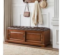 Farmhouse Entryway Shoe Storage Ottoman Bench Ash Wood Cabinet with Sliding Doors & Leather Cushion Stylish Hallway Stool Light Walnut Finish 120cm/47.2in