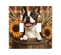 Farmhouse Fall Boston Terrier Dog Decorative Switch Cover Plate 2 Gang Double Toggle, Autumn Plaid Pet Electrical Faceplate for Bedroom Bathroom Decor, Puppy Standard Size Switchplate