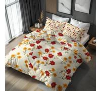 Farmhouse Floral Super King Bedding Set 3 Piece, Bedroom Decor Duvet Cover and 2 Pillowcases, Red Yellow Flower Quilt Cover with Zip, Ultra Soft Microfibre YH-Y100
