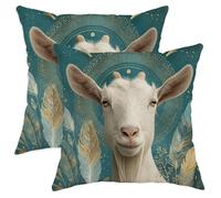 Farmhouse Goat Throw Pillow Covers Set of 2, Teal Feather Decorative Cushion Cases for Cozy Home Sofa Couch Decor 16x16 Inch