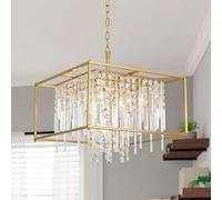 Farmhouse Gold Chandelier Industrial Pendant Fixture, Luxury Square Crystal Chandeliers Hanging Ceiling Light for Kitchen Island Dining Room, Dimmable 35 Inch 12-Lights(Gold,28Inch 8-Lig