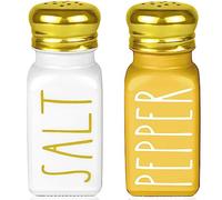 Farmhouse Gold Salt and Pepper Shakers Set by Brighter Barns - Glass Shakers & Stainless Steel Lid - Modern Farmhouse Decor for Restaurant, Airbnb, Wedding, Gifts - Luxury Kitchen Accessories (Gold)