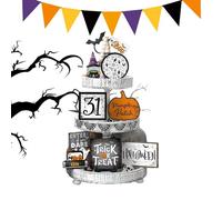Farmhouse Halloween Decorations, Spooky Pumpkin Ghost Wooden Signs, 13x9x11cm/5.12x3.54x4.33 inches Rustic Tiered Tray Decor, Seasonal Wood Accents for Table Shelf Cabinet Living Room Bedroom