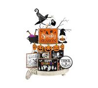 Farmhouse Halloween Decorations, Spooky Pumpkin Ghost Wooden Signs, 13x9x11cm/5.12x3.54x4.33 inches Rustic Tiered Tray Decor, Seasonal Wood Accents for Table Shelf Cabinet Living Room Bedroom