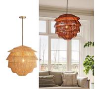 Farmhouse Hand-Woven Rattan Pendant Light Vintage Boho 19.7" Bamboo Chaner Light Fixture Retro 6-Tier Globular Wicker Rattan den Chaner for Dining Room, Kitchen, Living Room, E26