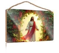 Farmhouse Hanging Sign Jesus Stands in A Radiant, Fruit-Laden Archway Wooded Sign Room Accessories for Men Hanging Decor Door(20X30CM)