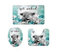 Farmhouse Highland Cow Bath Mat Set, Teal Floral Rustic Bull Portrait Western Cattle Country Bathroom Mat Set with Bath Rug Mat, Funny Cute Farm Animal Grey Bathroom Rug and Toilet Lid Cover
