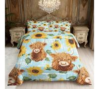Farmhouse Highland Cow Coverless Duvet Double, Rustic Cattle Sunflower Floral Reversible Comforter Set 3 Pcs, 2 Pillowcases, Bedroom Decor, 10.5 Tog Soft Lightweight Warm All Seasons BZ-L1079