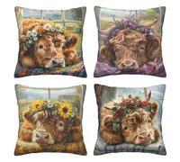 Farmhouse Highland Cow Pillows Cover Set Of 4 Cattle Flora Decor Throw Pillow Covers Cow Pillowcase Cushion Case Daisy Lavender Sunflower Pillow Decorative for Couch Sofa Home Home Outdoors 18x18 Inch