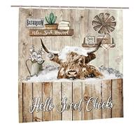 Farmhouse Highland Cow Shower Curtain Funny Rustic Highland Cow Shower Curtain Set with 12 Hooks Fabric Waterproof Farm Country Cow Curtains Bathroom Curtain Decor for Bathtub 72''x72''