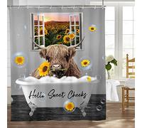 Farmhouse Highland Cow Shower Curtain Set with 12 Hooks - Rustic Sunflower Pattern, Waterproof Country Cow in Bathtub Curtains, 60''x72''