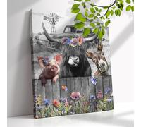 Farmhouse Highland Cow Wall Art Rustic Cow Donkey Pig Floral Pictures Wall Decor Country Cattle Canvas Print Painting Framed Artwork for Bathroom Home Walls Bedroom Decoration 12"X16"