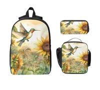 Farmhouse Hummingbird Backpack Set for Girls Boys with Lunch Bag Pencil Case Sunflower 3 Pieces School Bags Insulated Lunchbox Gifts for Women Men
