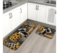 Farmhouse Kitchen Mats for Floor, Black and Yellow Sunflowers Vintage Soft Mats, Cushioned Comfort Washable Non Slip Decor Rugs for Kitchen Sinks Laundryroom Bathroom 2PCS