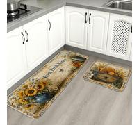 Farmhouse Kitchen Mats for Floor, Rustic Honey Bee and Floral Design Soft Mats, Spring Cushioned Comfort Washable Decor Rugs for Kitchen Sinks Laundryroom Bathroom 2pcs