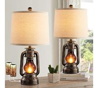 Farmhouse Lantern Table Lamps for Living Room Set of 2, Vintage Bedroom Resin Lamp with Dual USB Charging Ports, Rustic Retro Bedside Nightstand Desk Lamp, Linen Fabric Shade, 4 Bulb Included (Bronze)