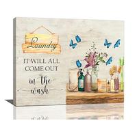 Farmhouse Laundry Room Wall Decor Rustic Laundry Room Signs Pictures Wall Art Country Butterfly Flower Floral Bathroom Canvas Print Painting Framed Home Artwork For Bathroom Washroom 20"x16"