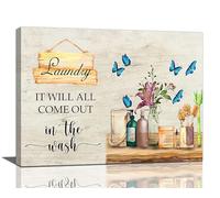 Farmhouse Laundry Room Wall Decor Rustic Laundry Room Signs Pictures Wall Art Country Butterfly Flower Floral Bathroom Canvas Print Painting Framed Home Artwork For Bathroom Washroom 16''x12''