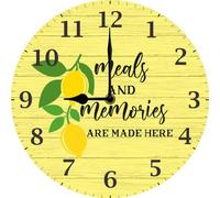 Farmhouse Lemon Clocks, Kitchen Wall Clock, Meals and Memories Are Made Here, Rustic Wood Kitchen Clock for Dinning Room Wall Decor, 25x25 CM Battery Operated Silent Non Ticking