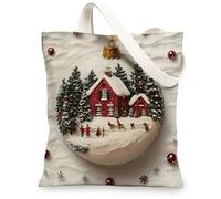 Farmhouse Merry Christmas Balls Canvas Tote Bag for Shopping 13x15, Country Farm Xmas Reusable Grocery Print Bag for Women, Holiday New Year Beach Aesthetic Painting Gift Decor