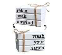 Farmhouse Mini Bookstack for Bathroom Decor Wooden Mini Books for Restroom Shelf Decorative Accent for Guest Bathroom Bathroom Mini Sign, 2 Signs in 1 Reversible - Wash Your Hands/Relax Soak Unwind