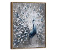 Farmhouse Peacock Wall Art Abstract Blue White Feather Bird Wall Decor for Living Room Bedroom Vintage Teal Peacock Framed Canvas Prints Country Wildlife Animal Poster Artwork Home Decorations 12x16