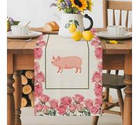 Farmhouse Pig Table Runner 13x36 Inches Long Pink Rose Wreath Rustic Country Beige Linen Texture Cotton Linen Table Runner Burlap Style for Dinner Table Party Decor Tabletop Decorations