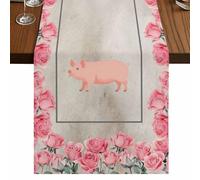 Farmhouse Pig Table Runner, Pink Rose Wreath Rustic Country Beige Marble Texture Cotton and Table Linen Runner for Kitchen Dining Home Decor for Party Festival Holiday Decoration Gift 13x108in