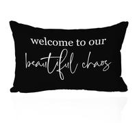 Farmhouse Pillow Cover 12x20 Inch - 'Welcome to Our Beautiful Chaos' Family-Inspired Rustic Lumbar Throw Cushion Case, Cozy Home Decor Accent for Living Room and Porch(Black)