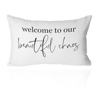 Farmhouse Pillow Cover 12x20 Inch - 'Welcome to Our Beautiful Chaos' Family-Inspired Rustic Lumbar Throw Cushion Case, Cozy Home Decor Accent for Living Room and Porch(White)