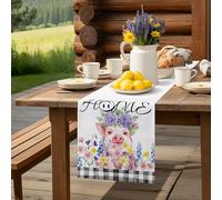 Farmhouse Pink Pig Spring Flower Table Runner 36 Inches Long,Table Runners Kitchen Dining Tables Decoration, Black White Buffalo Checker Tables Runner for Home Party Wedding Dresser Scarf