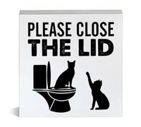 Farmhouse Please Close the Lid Wooden Box Sign Cat Bathroom Wood Block Tabletop Sign Decorative Desk Sign Home Toilet Shelf Decor 5 X 5 Inches