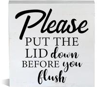 Farmhouse Please Put The Lid Down Before You Flush Wooden Box Sign Bathroom Wood Block Tabletop Decorative Desk Sign Home Toilet Shelf Decor 5x5 Inch