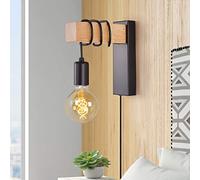 Farmhouse Plug in Wall Sconce, Black Wall Lamp for Bedroom Bedside Reading Loft Living Room Industrial Wood Wall Mounted Lights Fixture with On/Off Switch Lighting with Plug Cord(E27 Bulb Excluded)