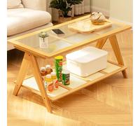 Farmhouse Rattan Coffee Table with Tempered Glass Top & Bamboo Frame - Stylish Storage for Living Room Bedroom & Balcony - Original Wood Color